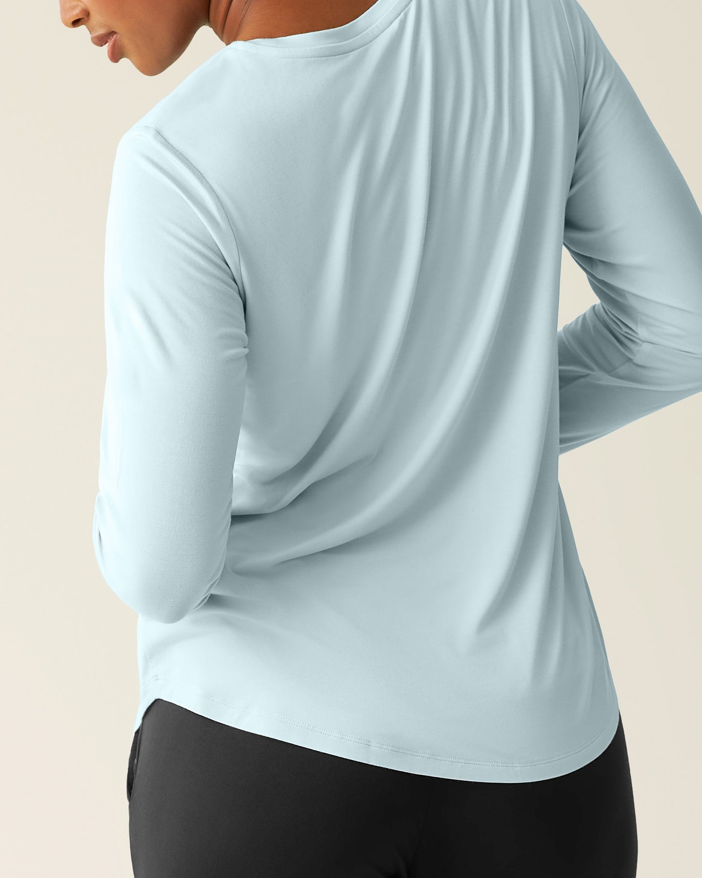 Back of woman wearing the Bamboo Maternity & Nursing Long Sleeve T-shirt in Powder Blue,