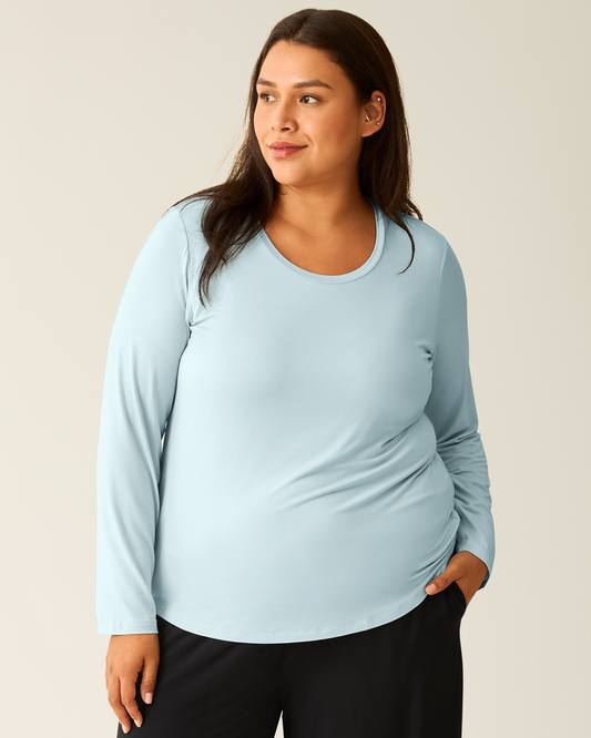 woman wearing the Bamboo Maternity & Nursing Long Sleeve T-shirt in Powder Blue@model_info:Victoria is wearing a 1X.