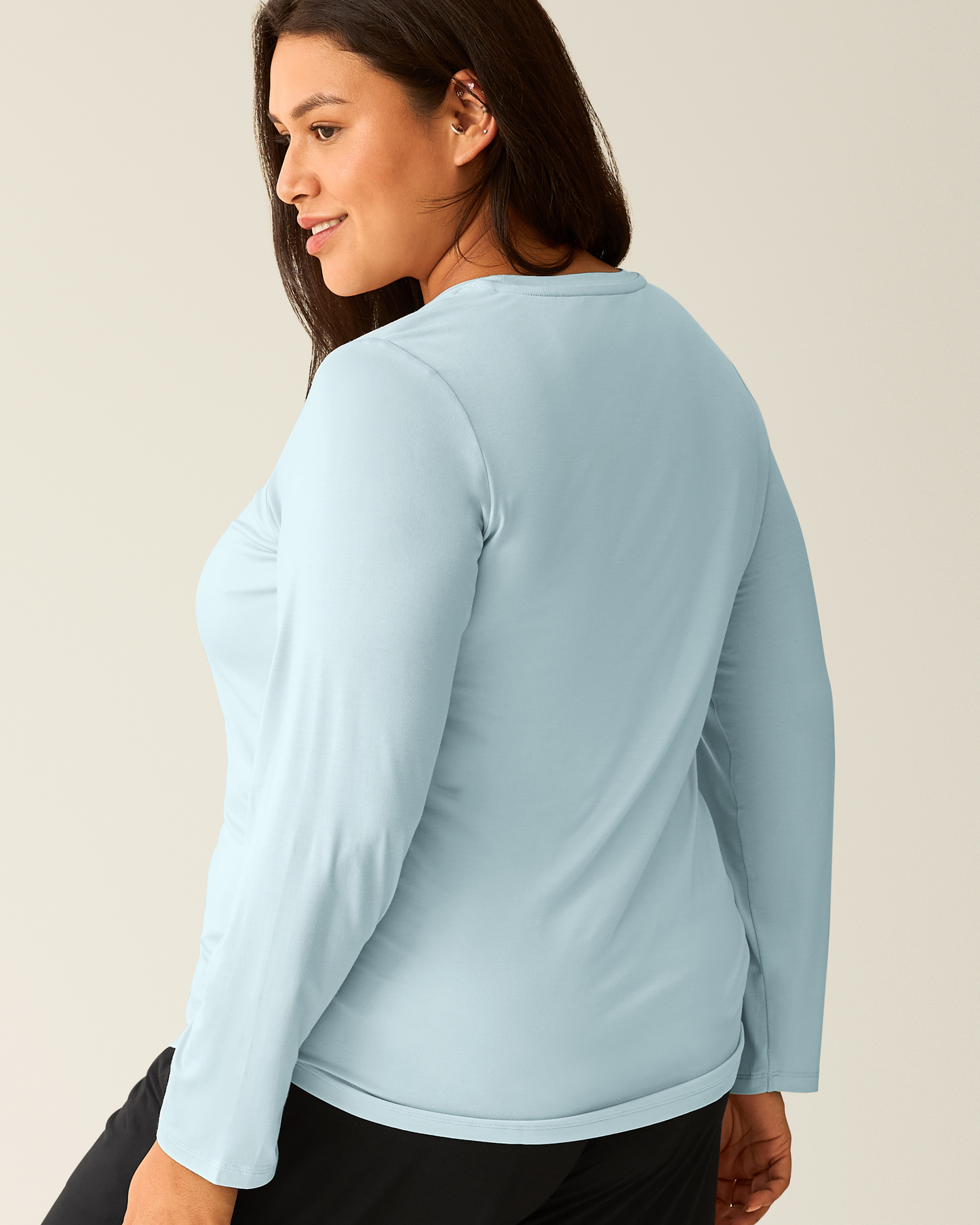Back of woman wearing the Bamboo Maternity & Nursing Long Sleeve T-shirt in Powder Blue