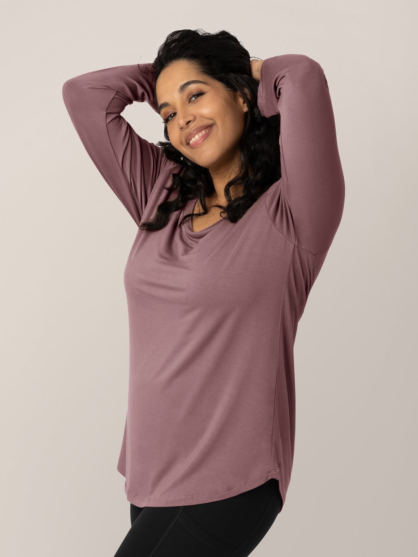 Front 3/4 of a model wearing the Bamboo Maternity & Nursing Long Sleeve T-shirt