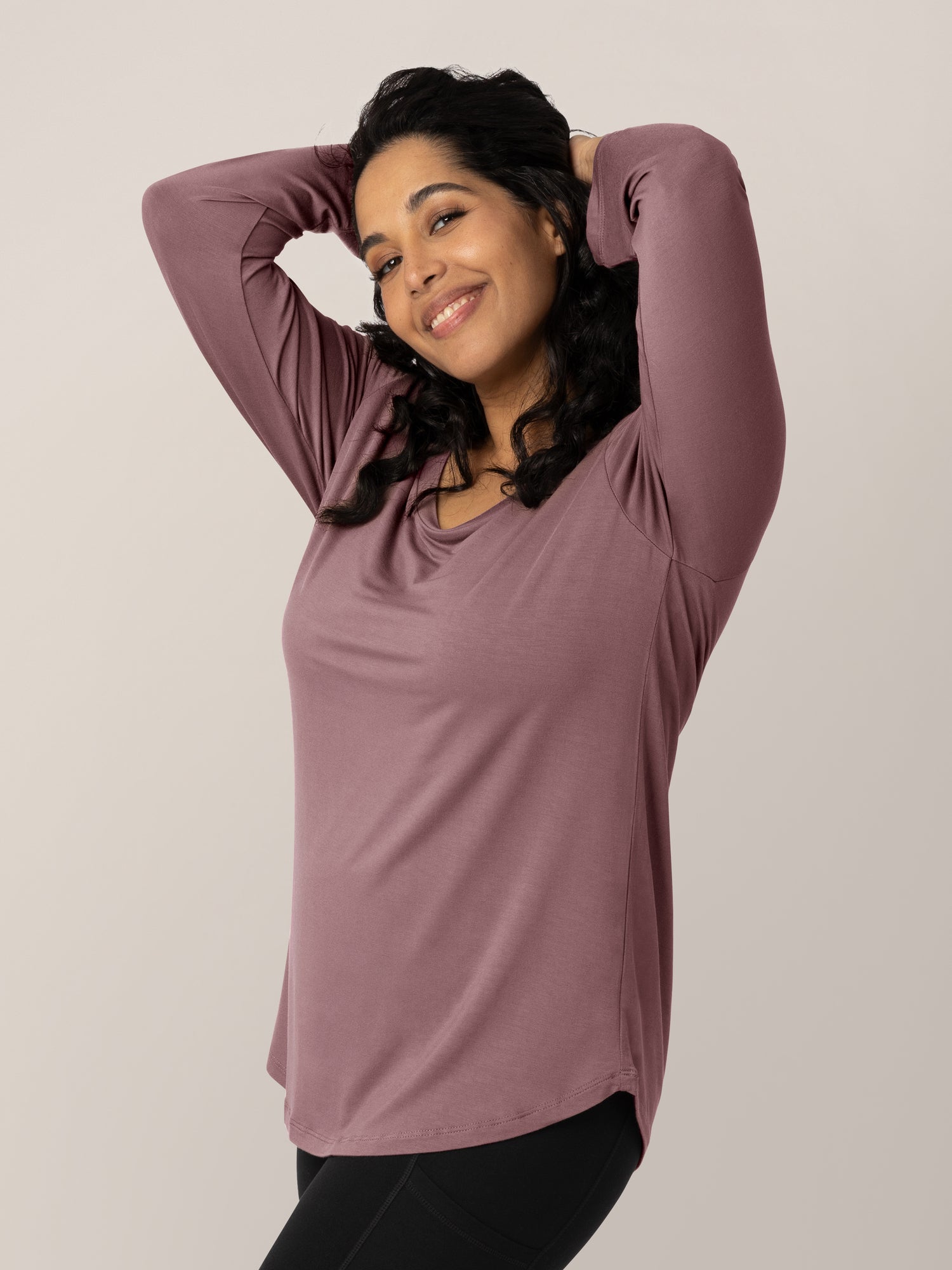 Front 3/4 of a model wearing the Bamboo Maternity & Nursing Long Sleeve T-shirt