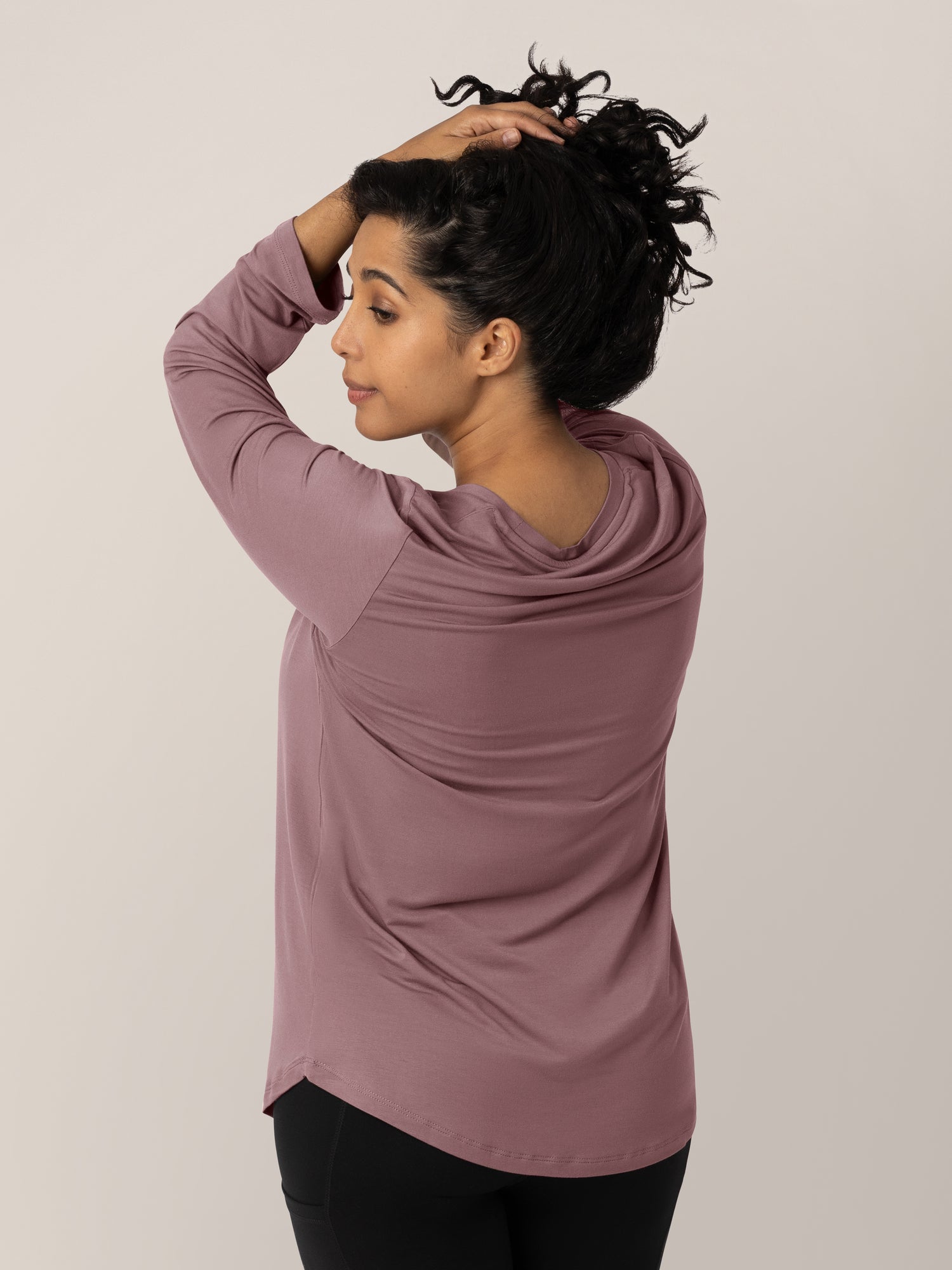 Model holding her hair up while wearing the Bamboo Maternity & Nursing Long Sleeve T-shirt showing the back.