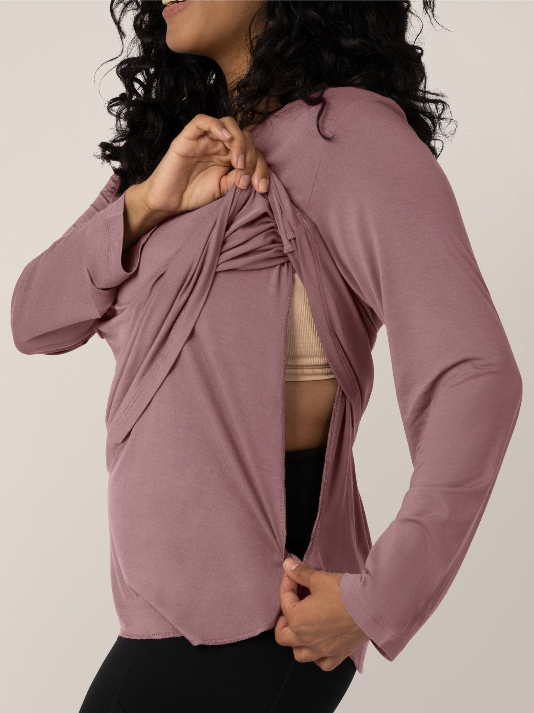 Model showing the pull up nursing access on the Bamboo Maternity & Nursing Long Sleeve T-shirt