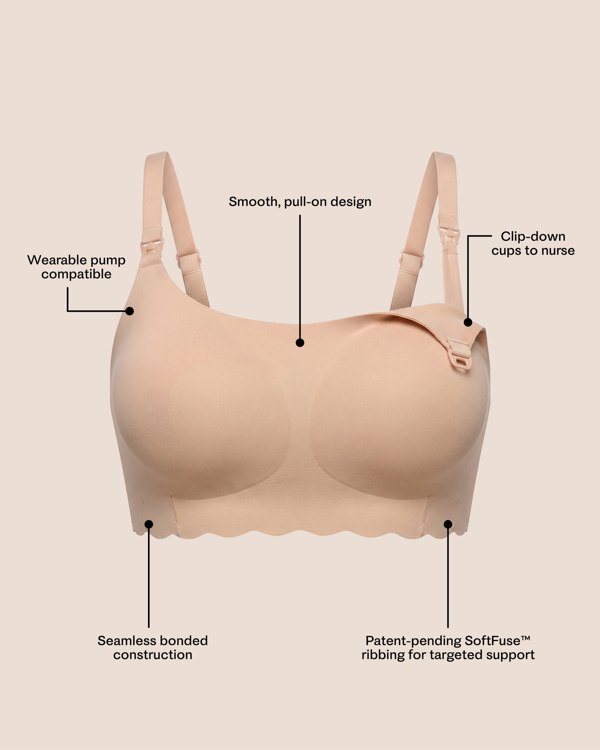 BareBond™ Cotton Maternity & Nursing Bralette in Sand shown front-facing on a beige background with callout lines and text describing features such as smooth pull-on design, clip-down cups for a nurse, seamless bonded construction, and pump compatibility.