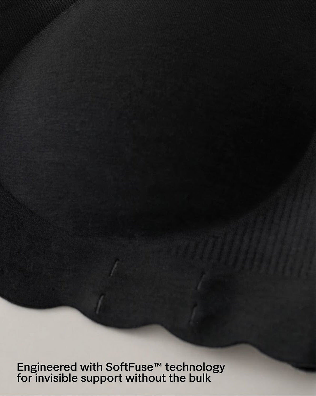 Close-up of scalloped edge of the BareBond™ Cotton Maternity & Nursing Plunge Bra in Black and a small text overlay at the bottom mentioning SoftFuse technology.