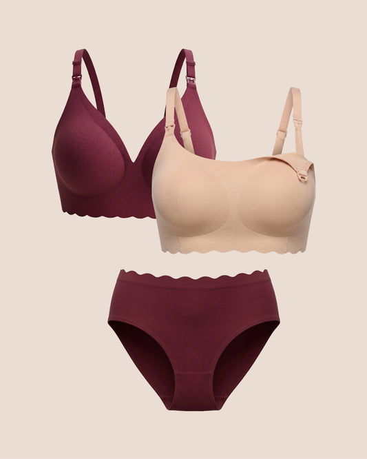 BareBond Bundle includes: BareBond™ Cotton Maternity & Nursing Bralette in Sand, BareBond™ Cotton Maternity & Nursing Plunge Bra in Garnet and BareBond™ Cotton Maternity & Postpartum Brief in Garnet on a beige background.