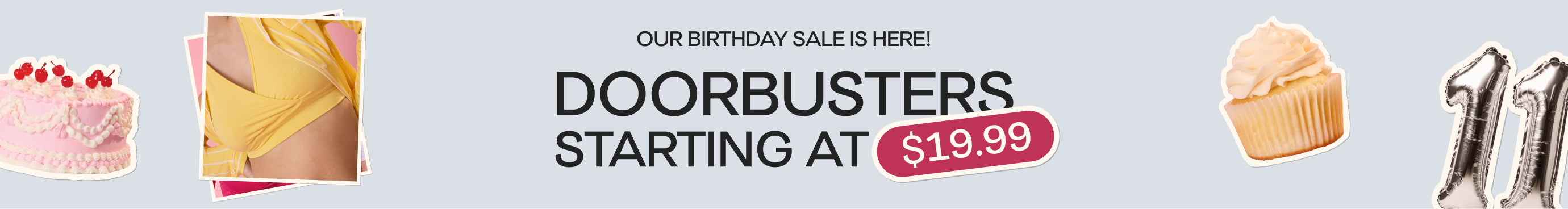 Promotional banner for a birthday sale with images of cakes and text indicating doorbusters starting at $19.99.