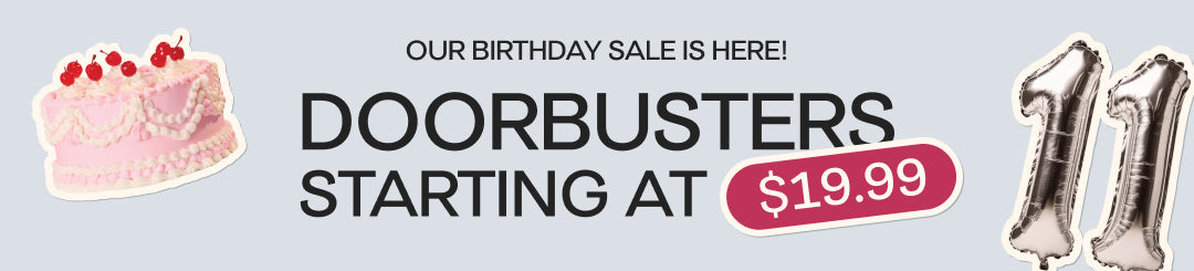 Promotional banner for a birthday sale with a cake, balloons, and text on a light gray background.