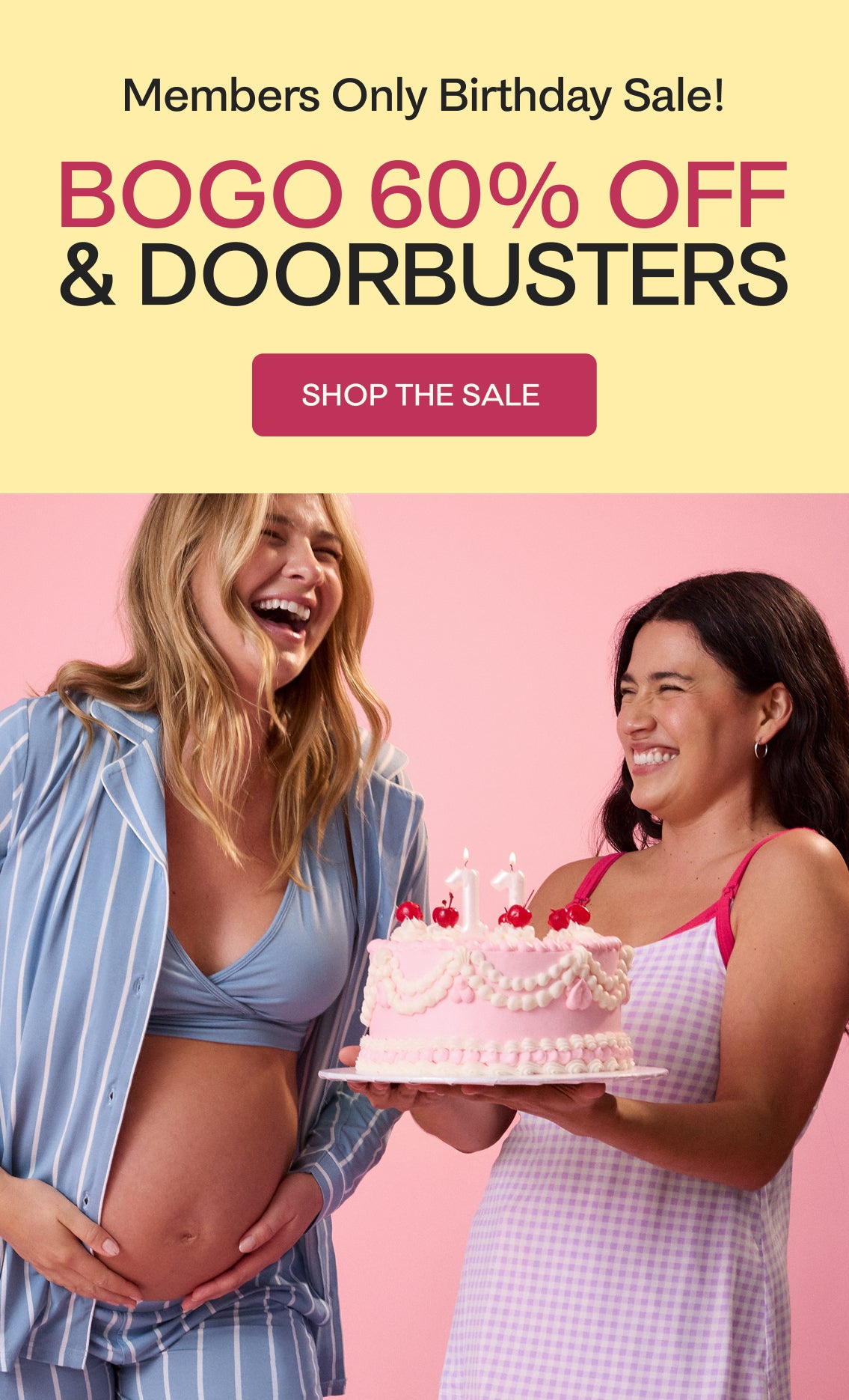 Two women holding a cake with promotional text for a birthday sale on a pink background