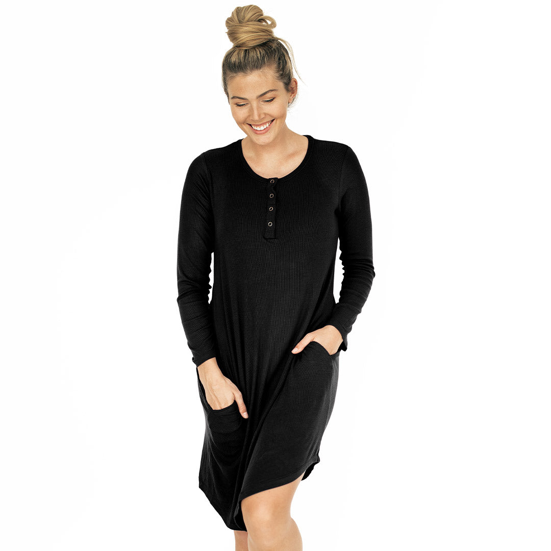 Model with her hands in the pockets of the Betsy Ribbed Bamboo Maternity & Nursing Nightgown