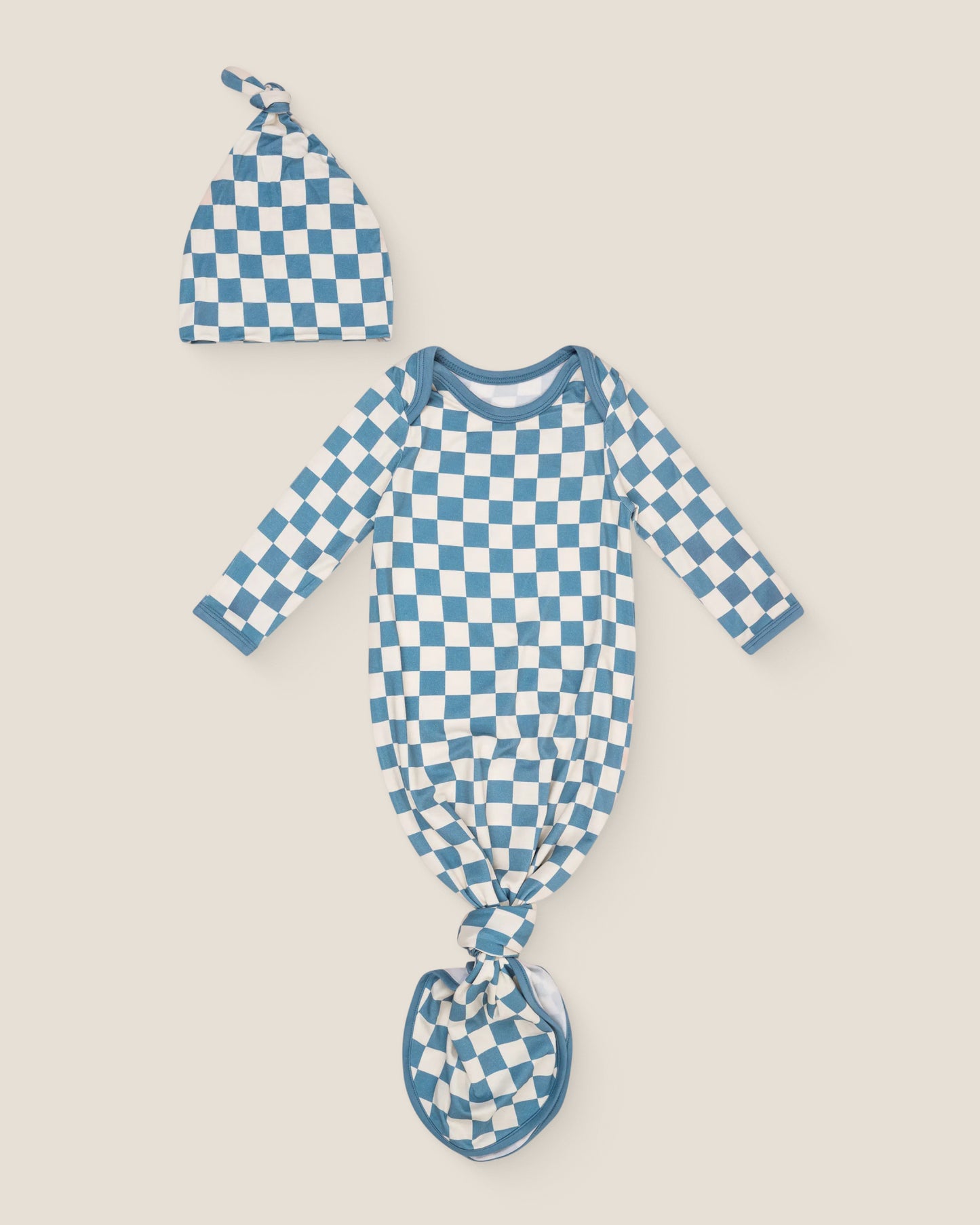 Bamboo Knotted Baby Gown & Hat in Blue Checker print on a neutral background