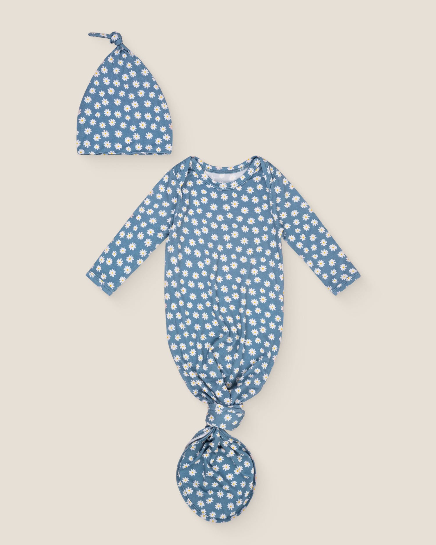 Bamboo Knotted Baby Gown & Hat in Blue Daisies print on a neutral background