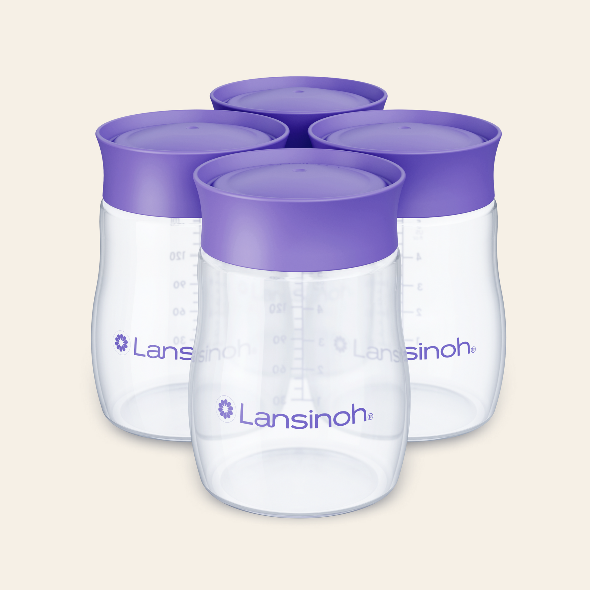 Lansinoh Breastmilk Bottles with Storage caps on, on a beige background.