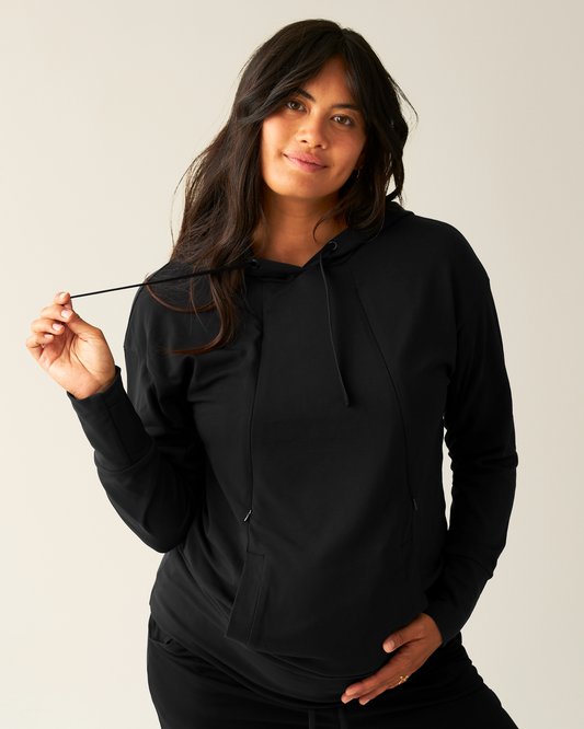 Front view of model wearing Brushed Bamboo Maternity & Nursing Hoodie in Black @model_info:Zoe is wearing a Medium.