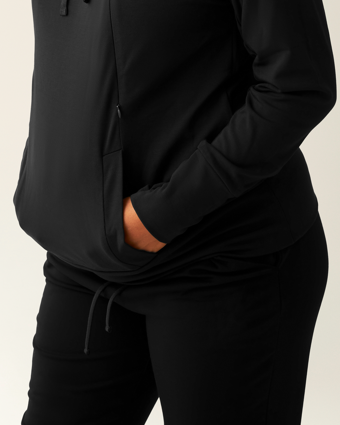 Close up of model wearing Brushed Bamboo Maternity & Nursing Hoodie in Black