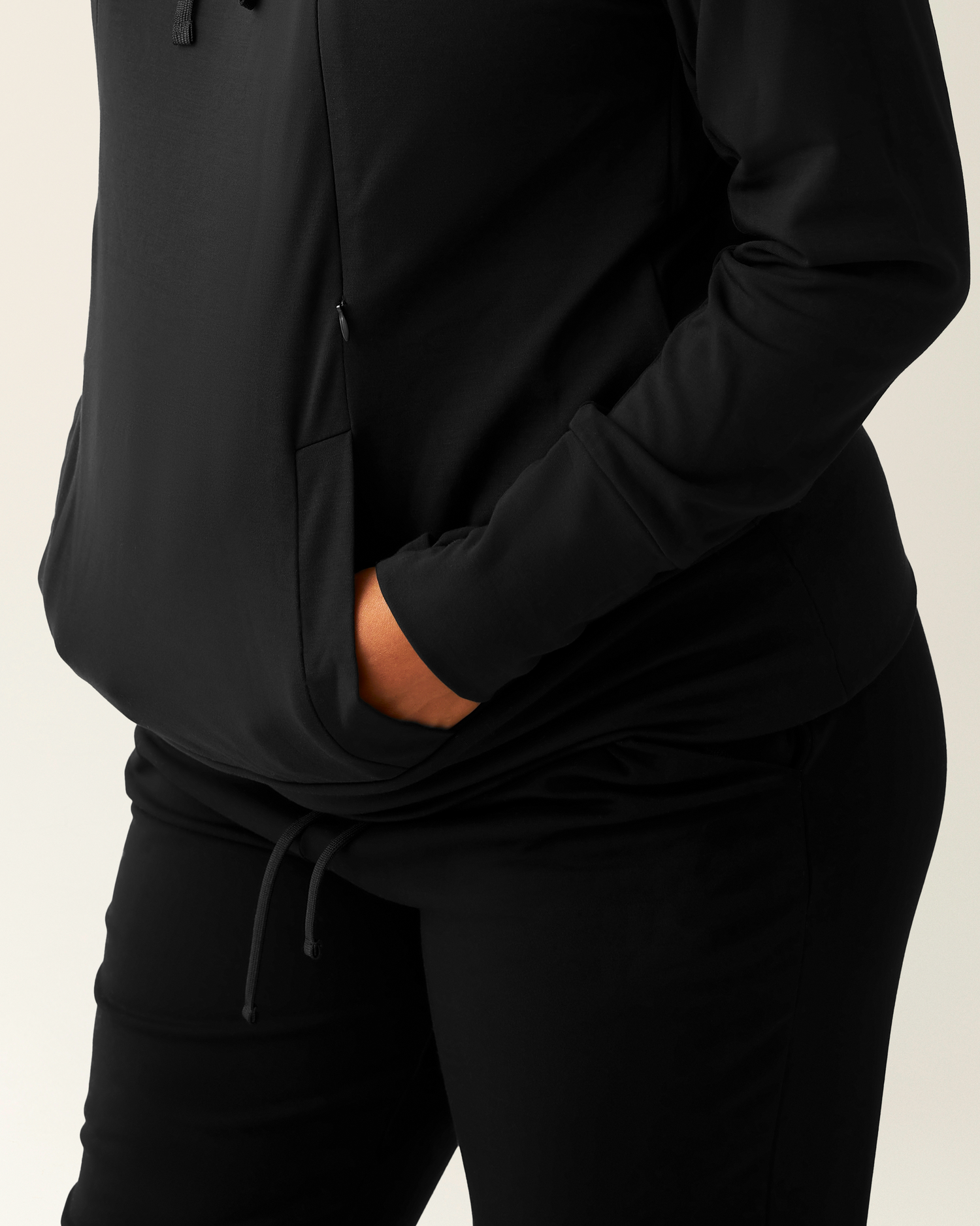 Close up of model wearing Brushed Bamboo Maternity & Nursing Hoodie in Black