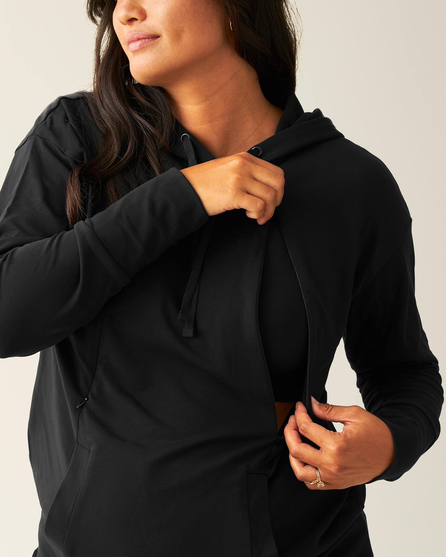 Model showing nursing access on Brushed Bamboo Maternity & Nursing Hoodie in Black