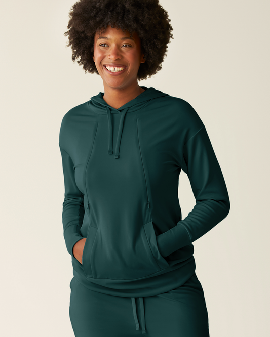 Model wearing the Brushed Bamboo Maternity & Nursing Hoodie in Evergreen, paired with matching Brushed Bamboo Maternity & Postpartum Jogger @model_info:Kyra is wearing a Small.