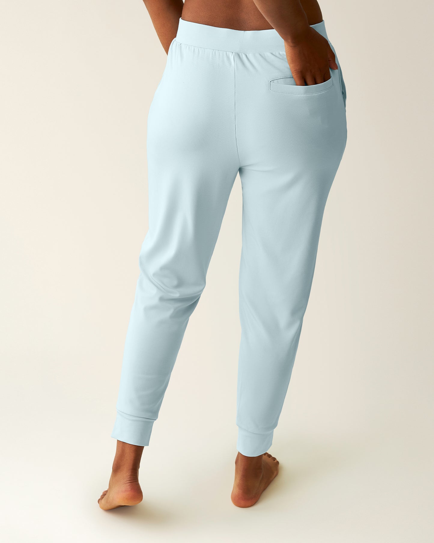 Back view of model wearing Brushed Bamboo Maternity & Postpartum Jogger in Powder Blue