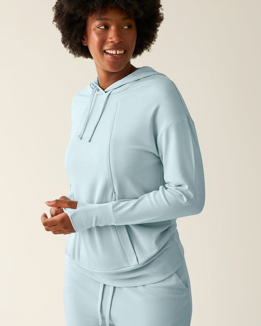 Front view of model wearing Brushed Bamboo Maternity & Nursing Hoodie in Powder Blue @model_info:Kyra is wearing a Small.