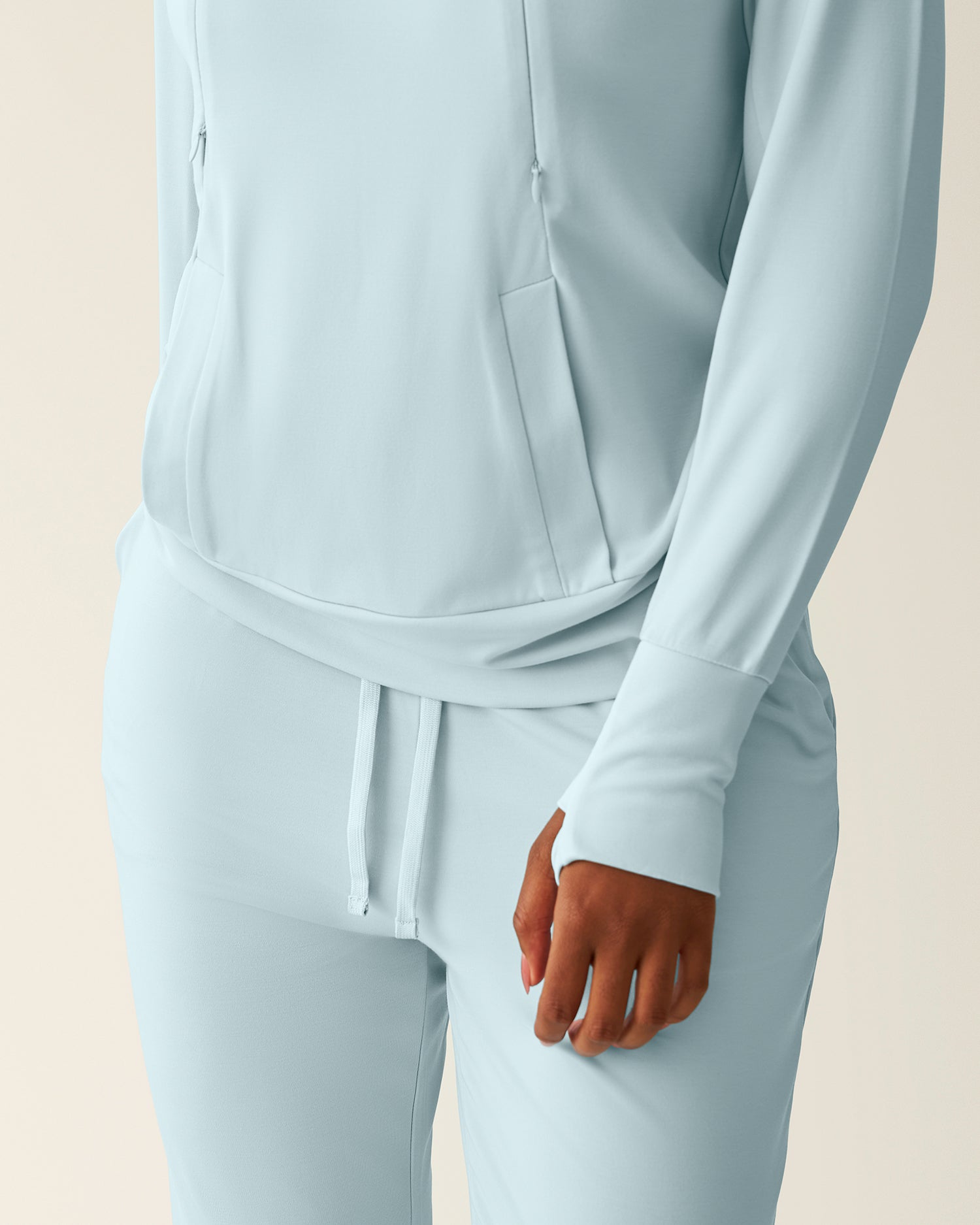 Close up of model wearing Brushed Bamboo Maternity & Nursing Hoodie in Powder Blue 