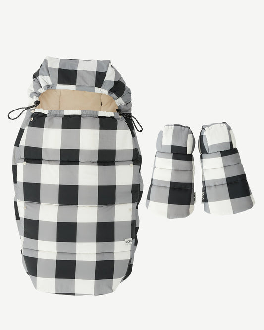 The Bundle Up Stroller Set in Buffalo Plaid including Cozy Stroller Footmuff and Cozy Stroller Mitts, on a white background.