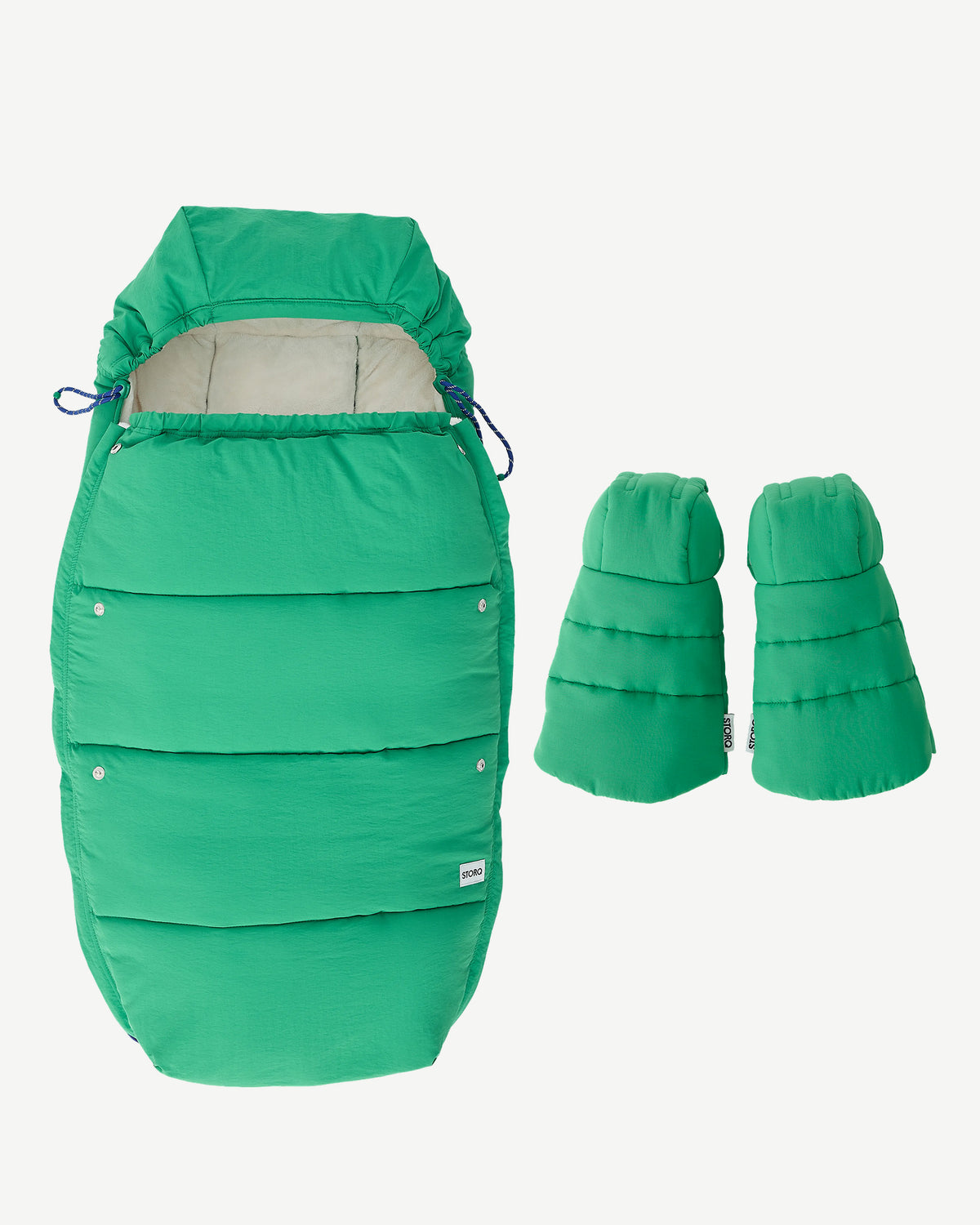 The Bundle Up Stroller Set | Green, including Cozy Stroller Footmuff and Cozy Stroller Mitts, on a white background.