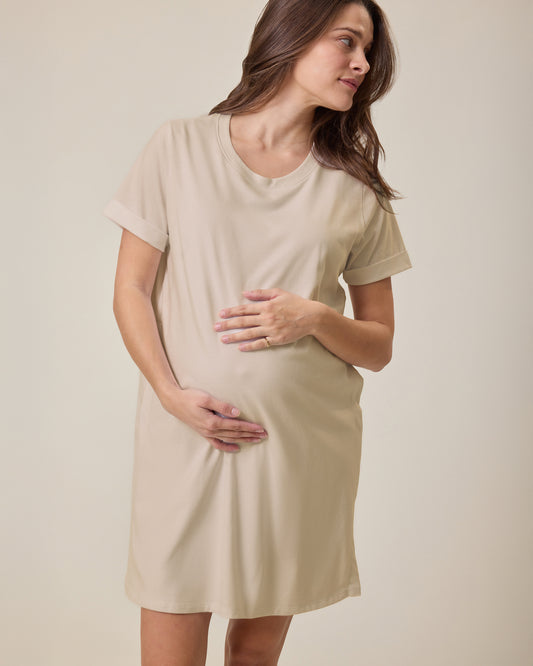 Pregnant woman wearing the Classic Nursing T-shirt Mini Dress in Sand@model_info:Elliana is 5'7" and wearing a Medium.