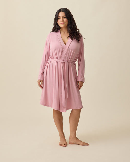 Model wearing Clea Bamboo Robe in Light Mauve on a beige background @model_info:Linda is 5'4" and wearing a S/M.