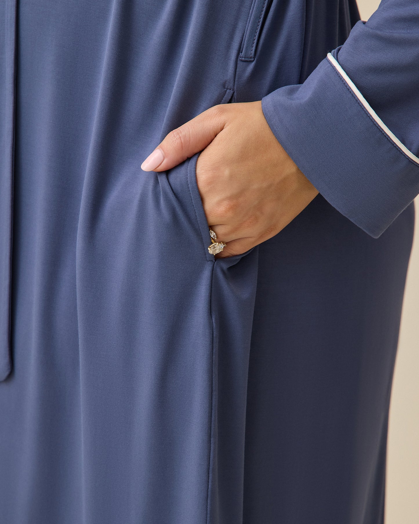 Close up on pocket of Clea Bamboo Robe in Slate Blue