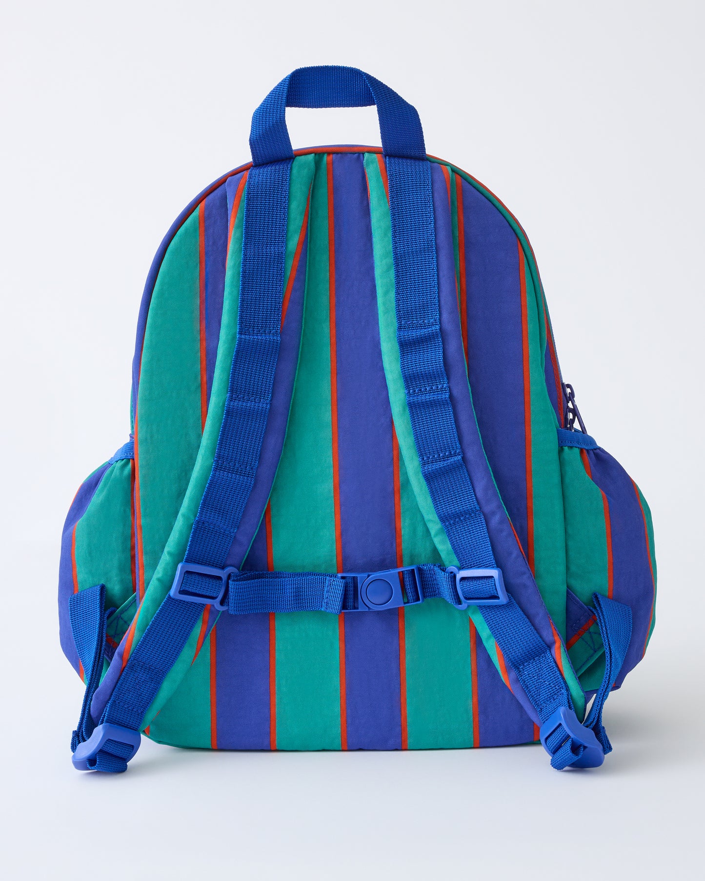 Back view of the Cool Kid Backpack in Navy & Green Stripe on a beige background.