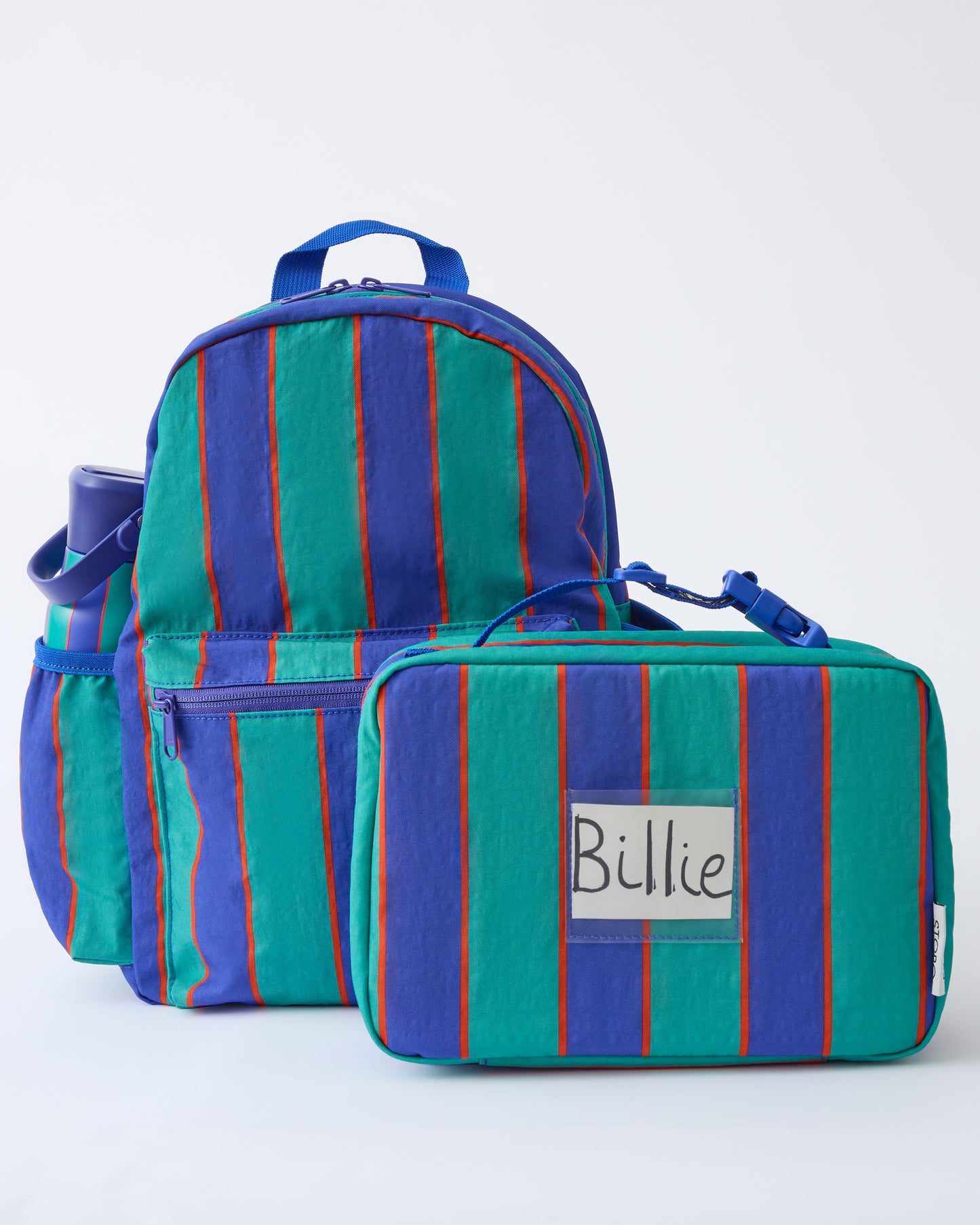 Cool Kid Backpack, Water Bottle and Lunch Box in Navy & Green Stripe on a beige background.