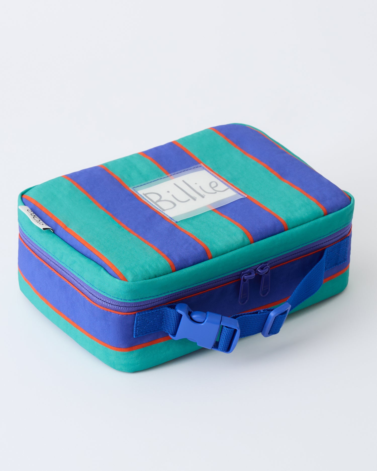 Cool Kid Lunch Box in Navy & Green Stripe on a beige background.
