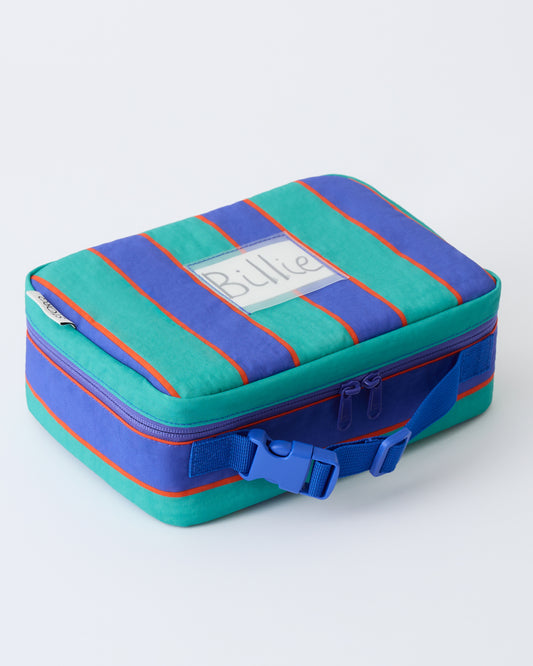 Cool Kid Lunch Box in Navy & Green Stripe on a beige background.