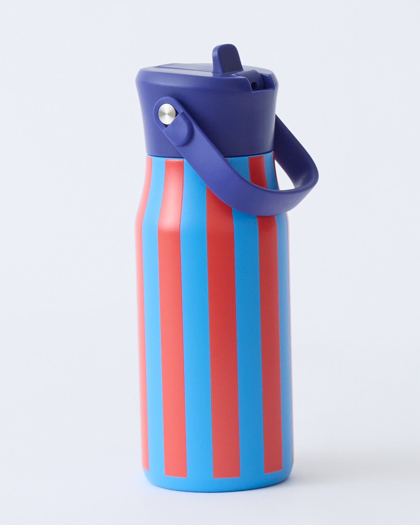 Cool Kid Water Bottle in Blue & Rust Stripe on beige background.