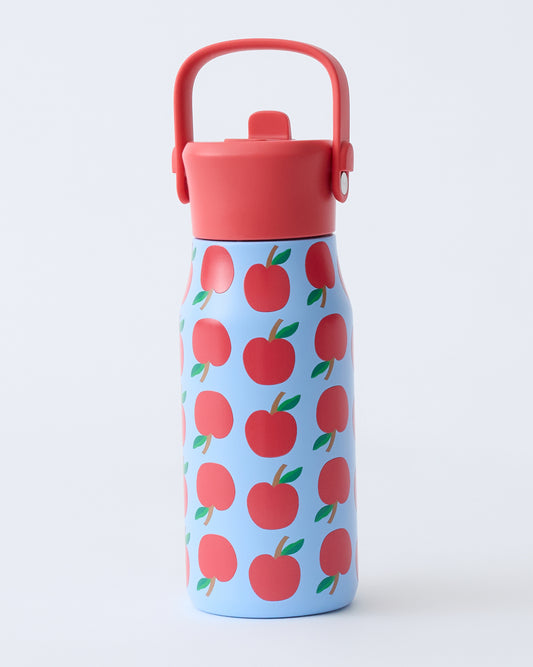 Cool Kid Water Bottle in Blue Apple on beige background.
