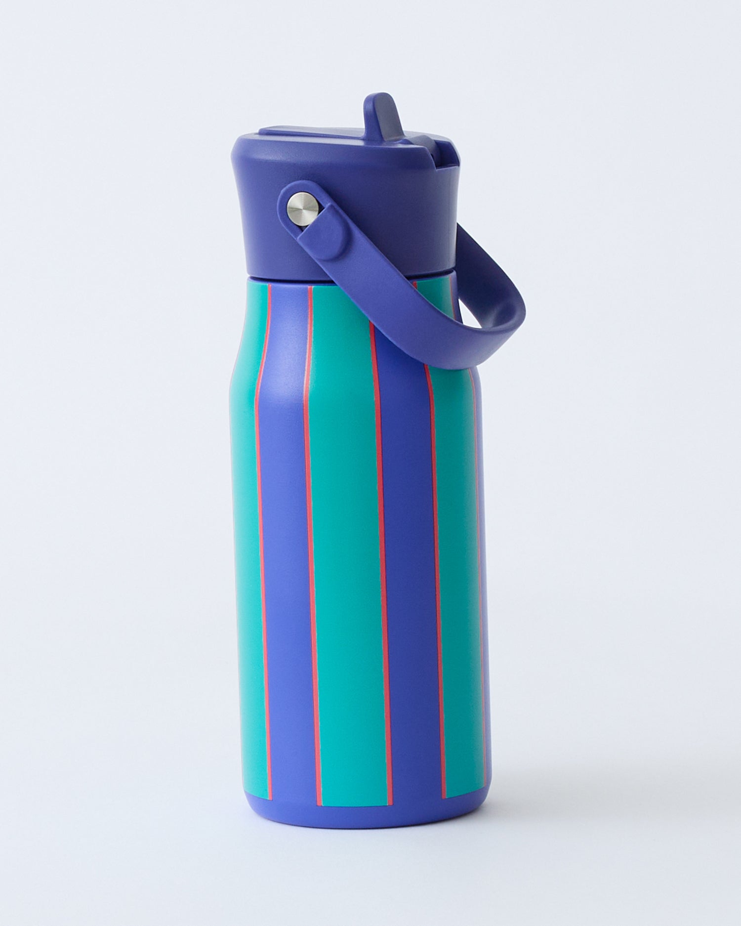 Cool Kid Water Bottle in Navy & Green Stripe on beige background.