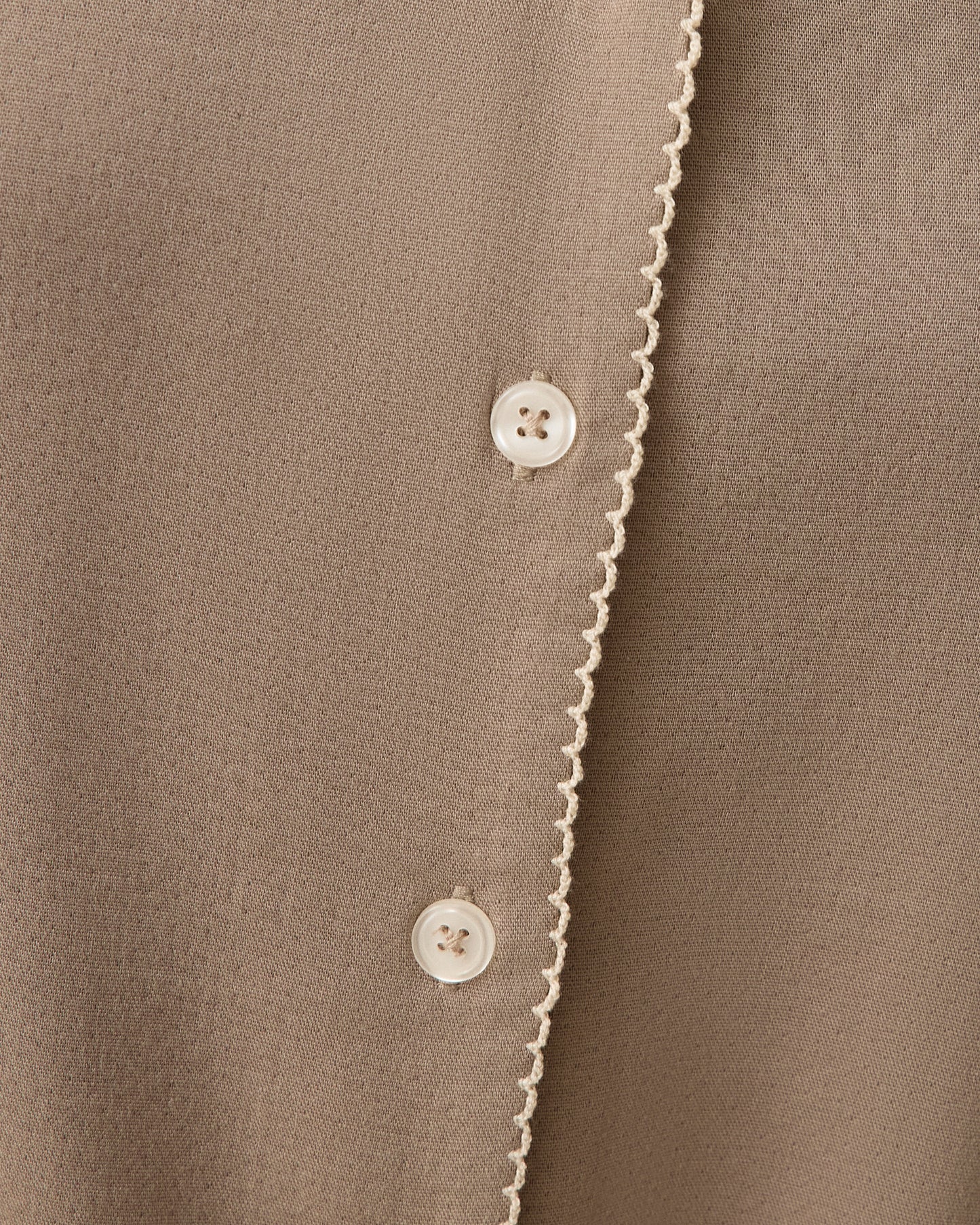Close up of model wearing Cotton Bamboo Pajama Set in Taupe
