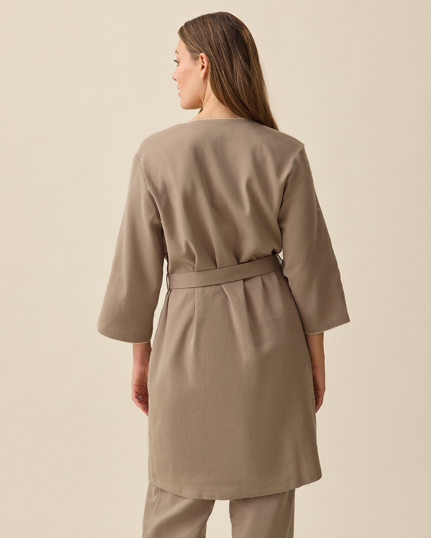 Back view on Cotton Bamboo Robe in Taupe on a beige background