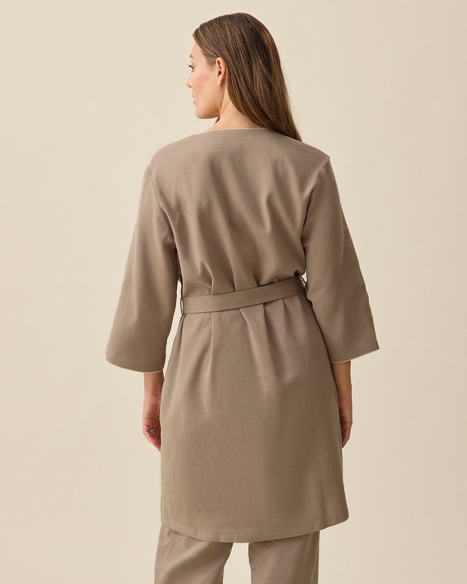 Back view on Cotton Bamboo Robe in Taupe on a beige background
