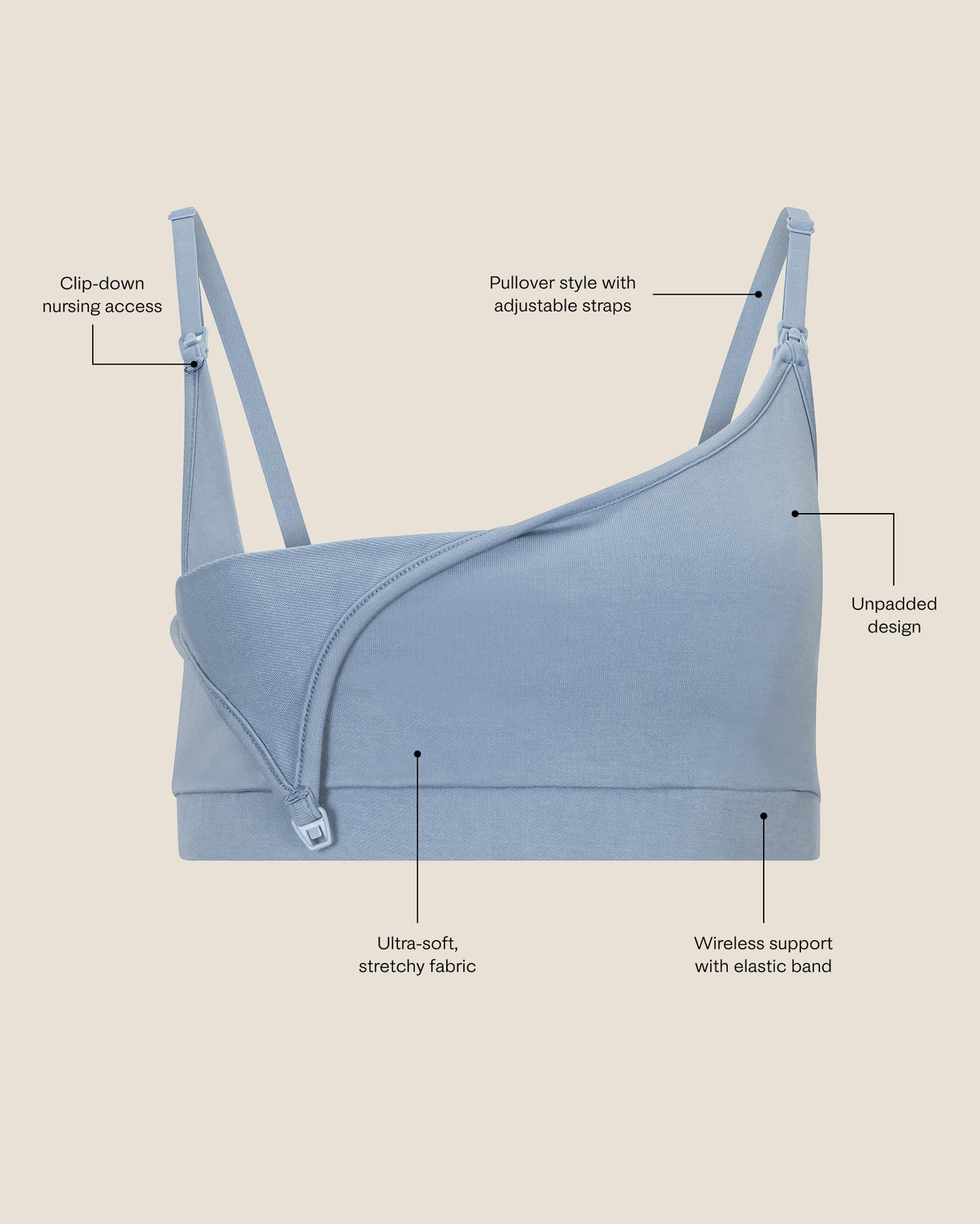 French Terry Maternity & Nursing Bralette in vintage blue with features labeled on a beige background