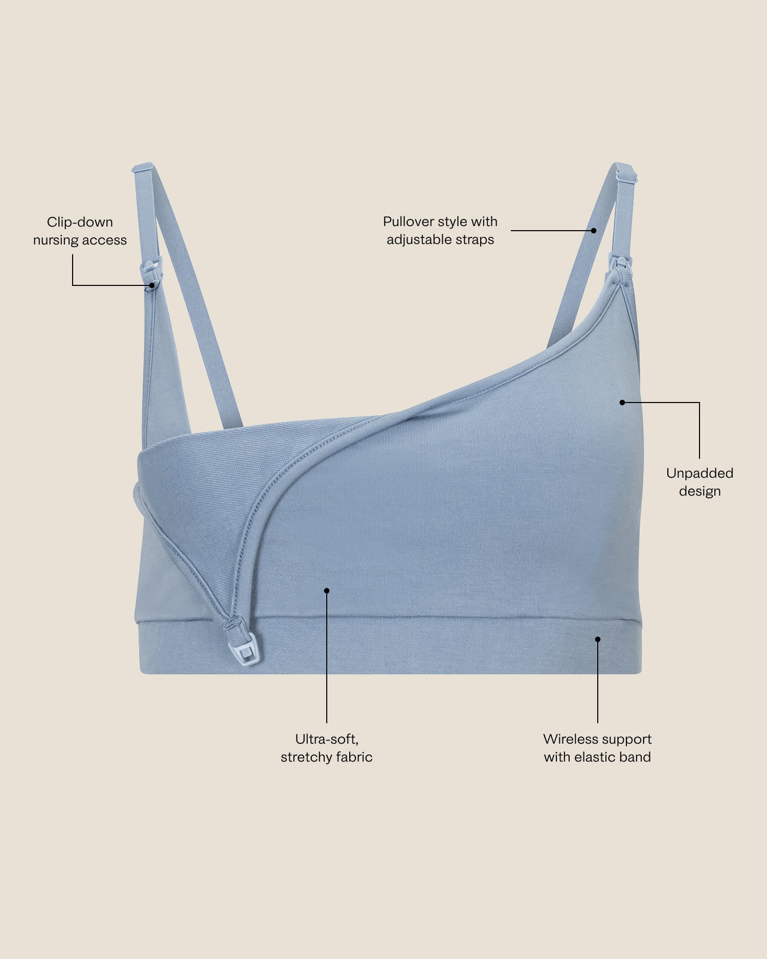 French Terry Maternity & Nursing Bralette in vintage blue with features labeled on a beige background