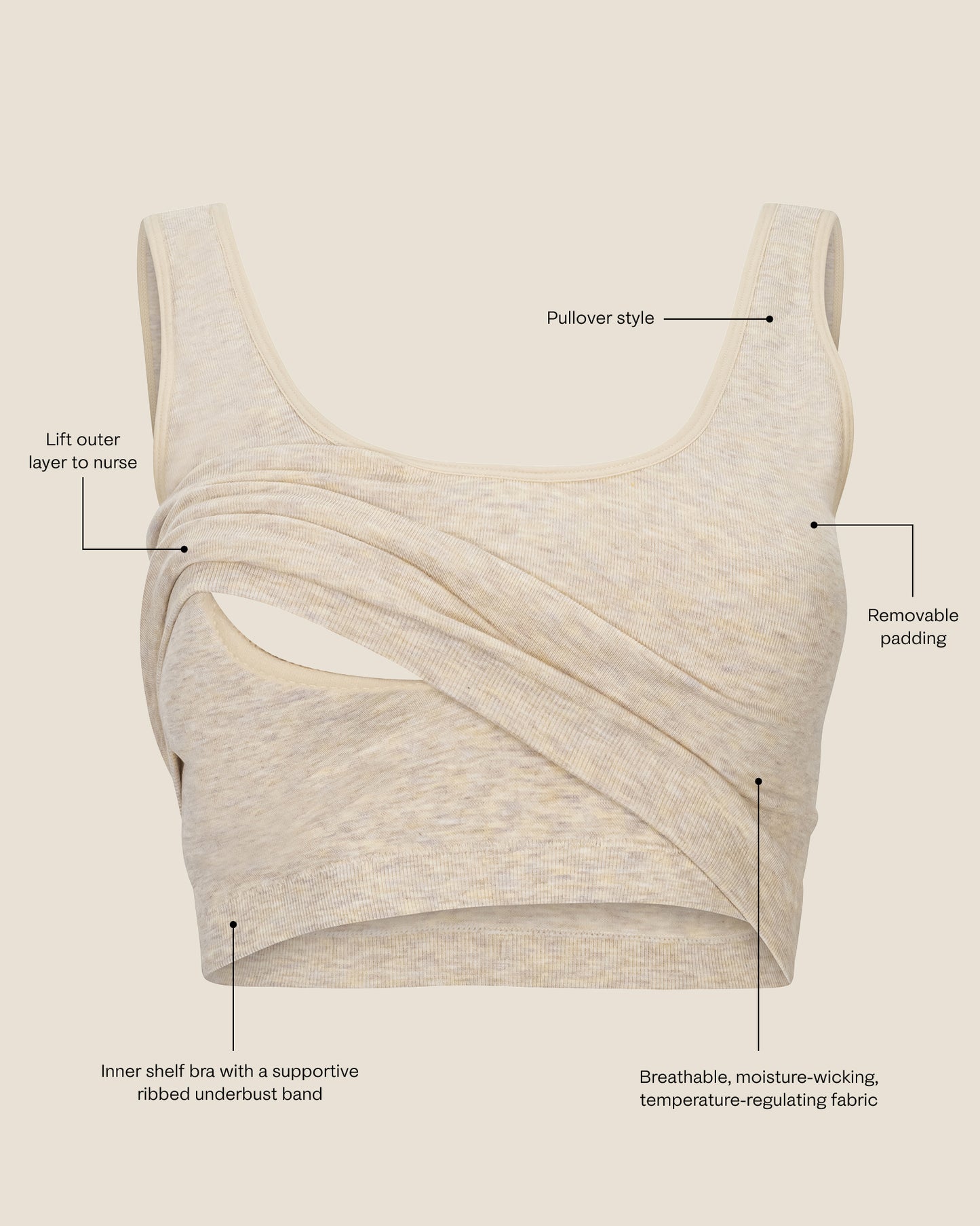 Sublime® Bamboo Scoop Neck Maternity & Nursing Longline Bra Top in oatmeal heather with labeled features on a beige background