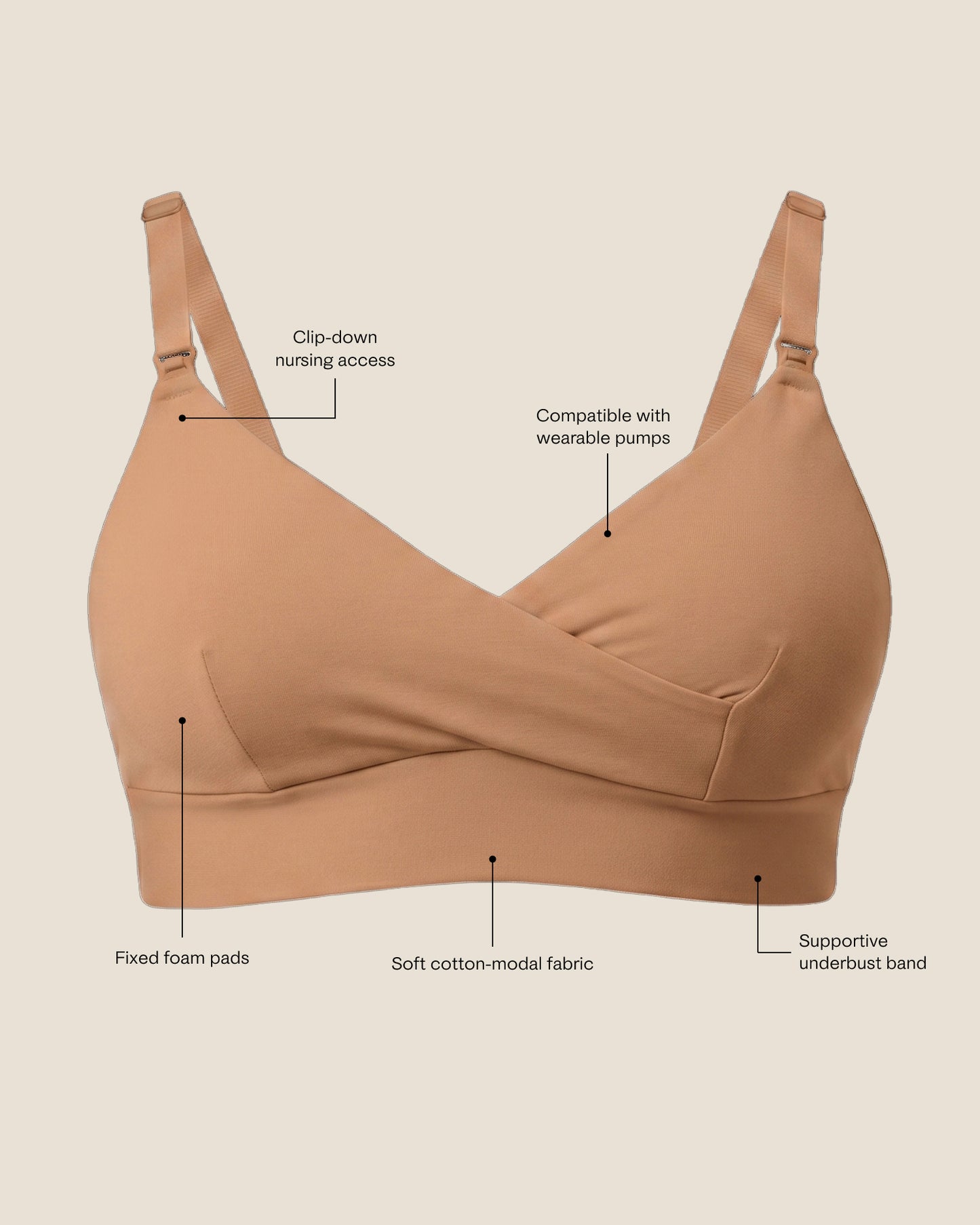 SoftStretch Nursing Bra in Buff with text calling out features 
