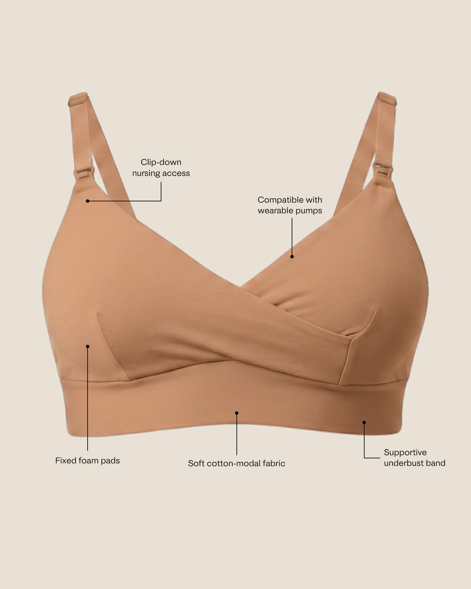 SoftStretch Nursing Bra in Buff with text calling out features 