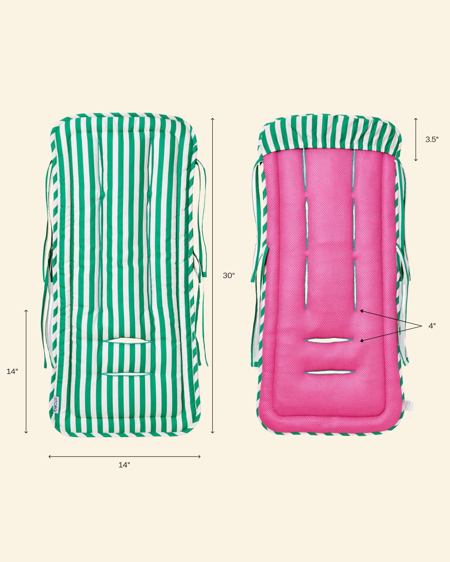 Stroller Party Seat Liner in green stripe with dimensions on a beige background