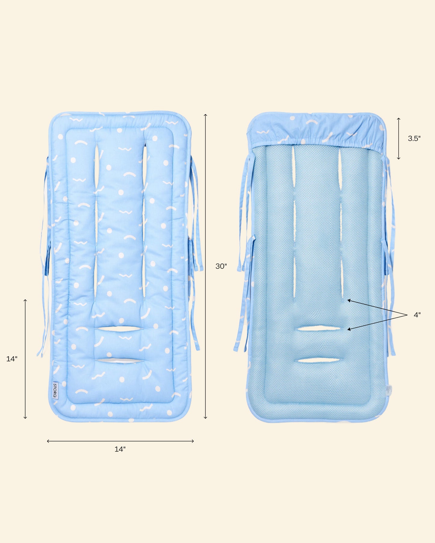 Stroller Party Seat Liner in sky squiggles with dimensions on a beige background