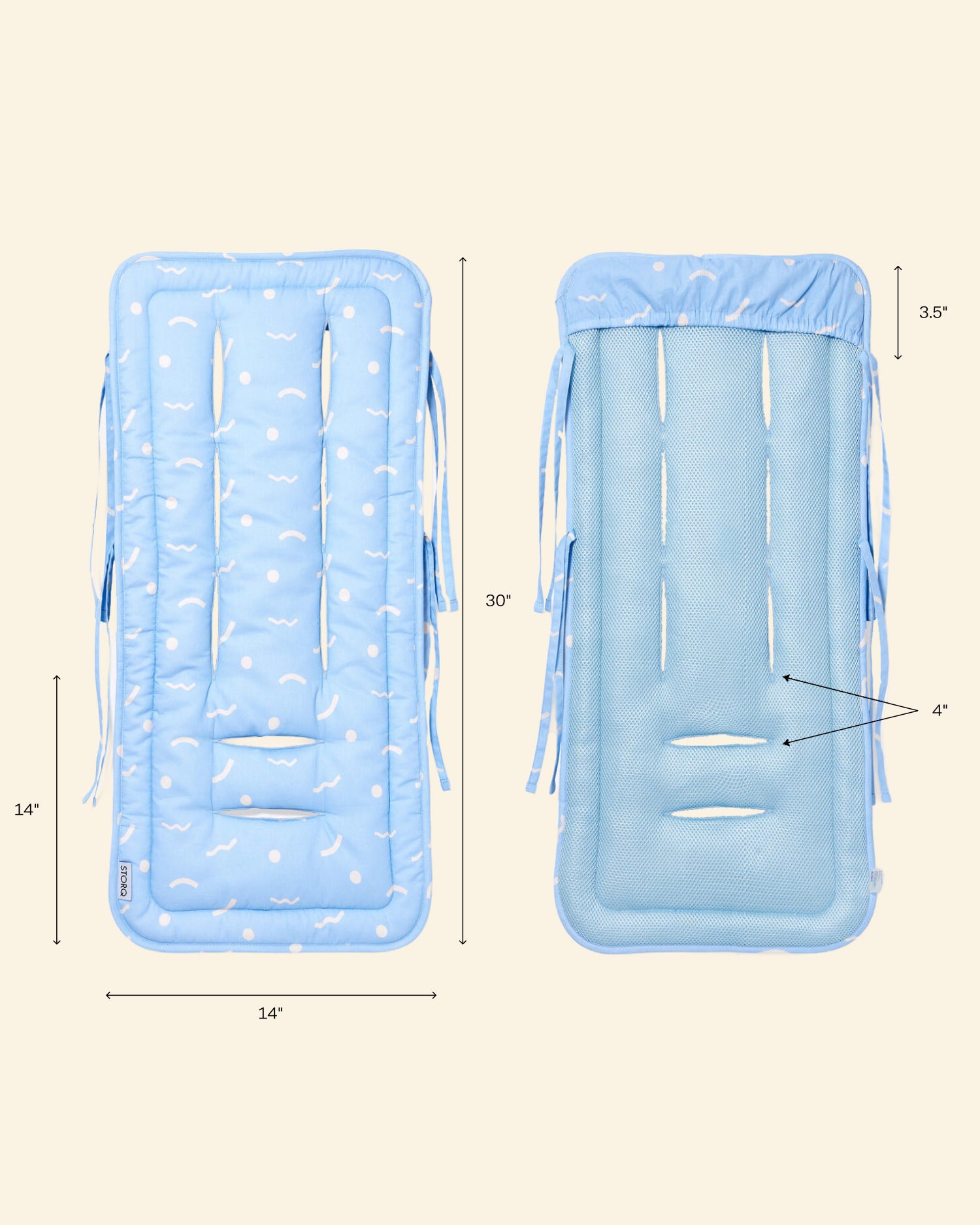 Stroller Party Seat Liner in sky squiggles with dimensions on a beige background