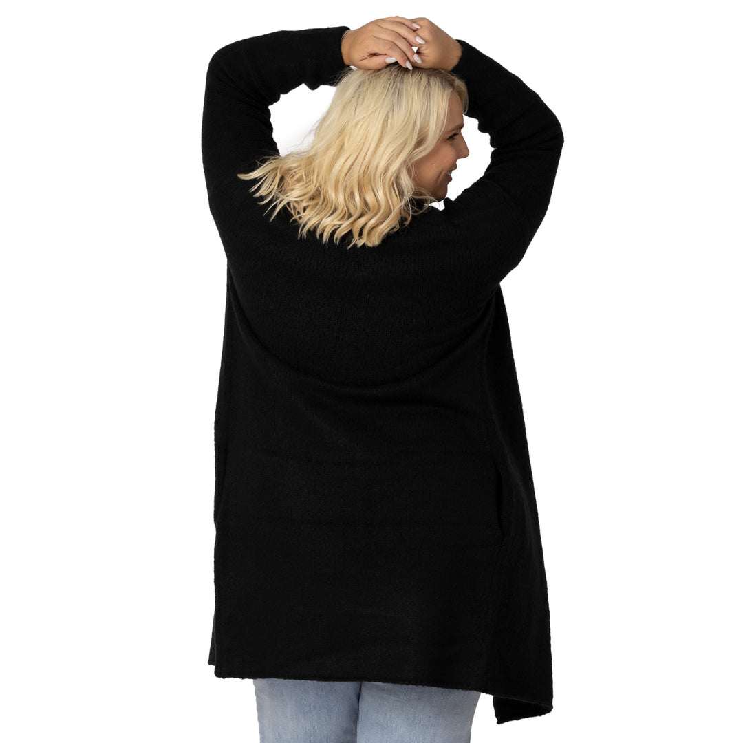 Back view of a model wearing the Chloe Cardigan Sweater in Black