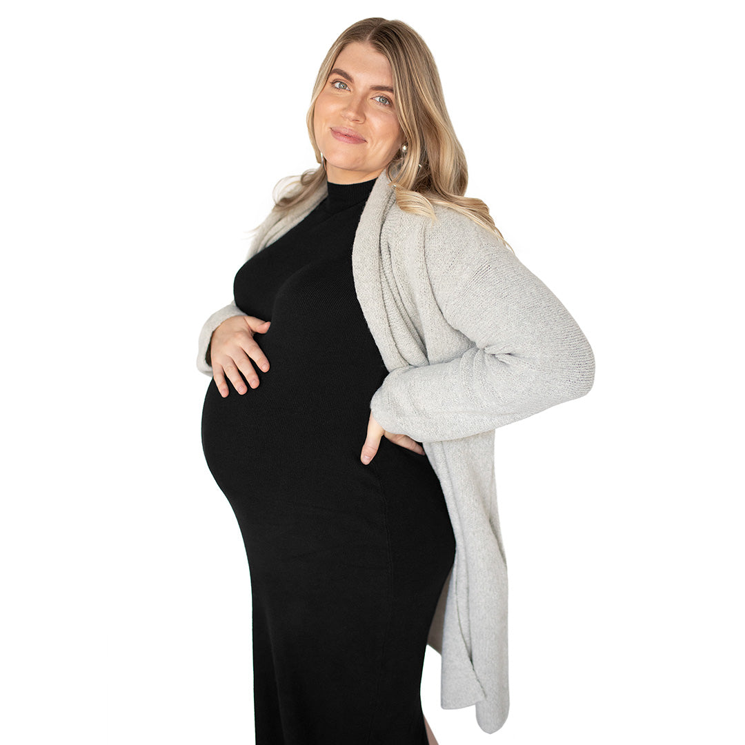 Pregnant model wearing the Chloe Cardigan Sweater in Grey Heather